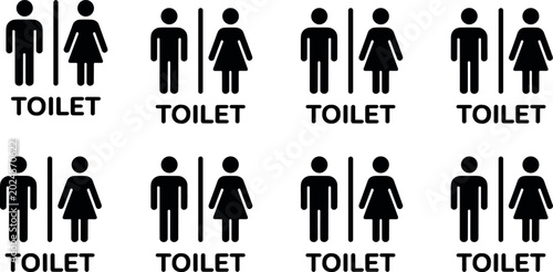 Toilet and restroom sign vector icons set featuring male and female gender symbols for public washroom navigation and facility guidance