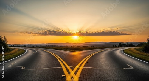 A paved asphalt road splits into two distinct paths under a golden sunrise, representing a significant choice and a new life direction, freedom, metaphor, parting