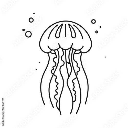 An illustration of a jellyfish swimming in the ocean with bubbles around it