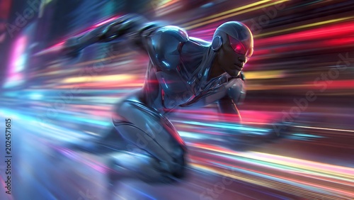 A powerful metallic android in a sleek suit streaks through a neon-lit urban landscape, creating streaks of motion blur, symbolizing speed and futuristic technology.