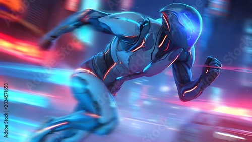 Futuristic athlete in a sleek, glowing suit sprints with incredible speed through a neon-lit cityscape, embodying advanced technology and athletic prowess.