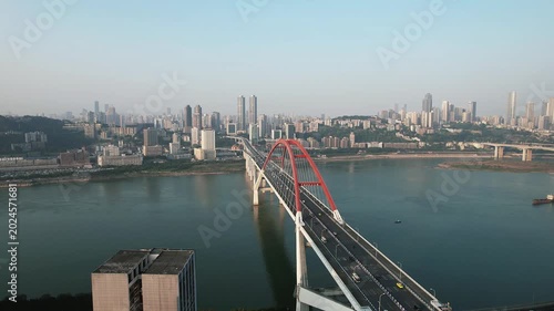 Aerial view of Chaotianmen Bridge and Chongqing skyline over Yangtze River in Chaotianmen Bridge, Chongqing, China