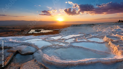 Pamukkale's natural terraces, a UNESCO World Heritage site, shimmer under the golden hues of a breathtaking sunset, reflecting the dramatic sky in their serene travertine pools.