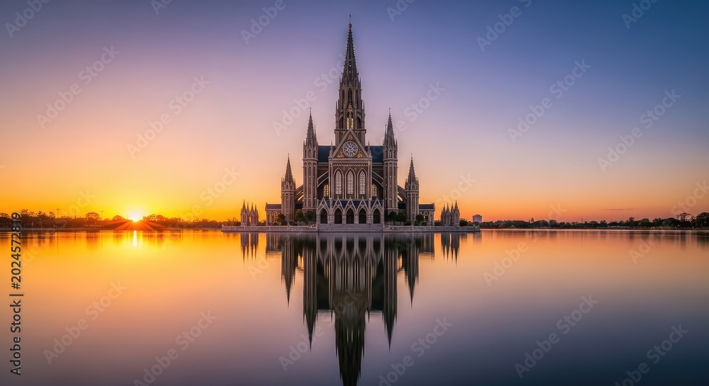 Naklejka premium An architectural masterpiece of a religious building standing above water surfaces with golden sunset light and calm reflections, ocean, building, symmetry