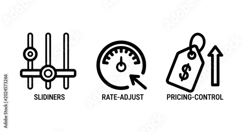 Business management and financial control icons for pricing adjustment rate tuning and parameter sliders interface with business management optimization illustration collection interface