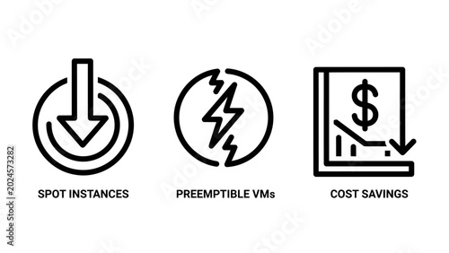 Cloud computing cost optimization icons showing spot instances preemptible virtual machines financial savings analysis chart computing optimization instance preemptible technology business