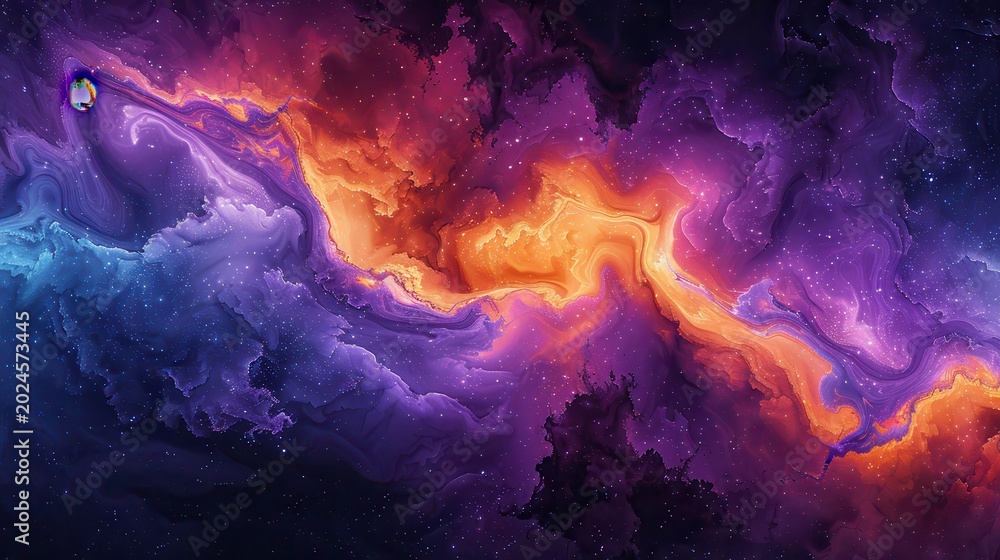 Obraz premium Mystical Nebula with Vibrant Purple, Orange, and Blue Clouds, Ethereal Light Effects, and Starry Sky, Futuristic Space Artwork