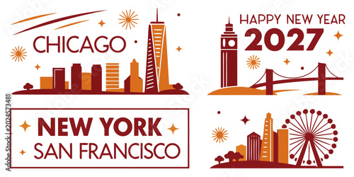 USA, US, U.S, United States - Set of city skyline illustrations featuring chicago new york and san francisco for happy new year 2027 celebration designs
