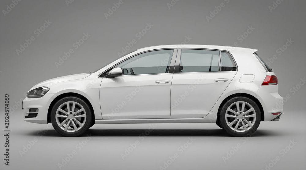 Obraz premium Professional side view white hatchback ideal for full wrap branding mockup. Neutral studio setup with smooth reflections and large printable surface for advertising and vinyl design projects.