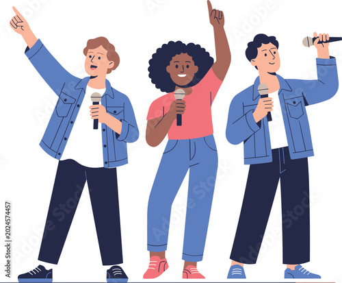 Group of happy diverse people singing together with microphones at karaoke party or music festival performance flat vector illustration