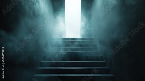 Dark, foggy staircase leading to bright light, mysterious and atmospheric