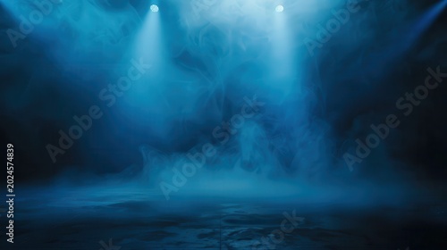 Blue Light Beams Illuminating Darkened Room with Smoky Atmosphere Mystical and Dramatic Setting