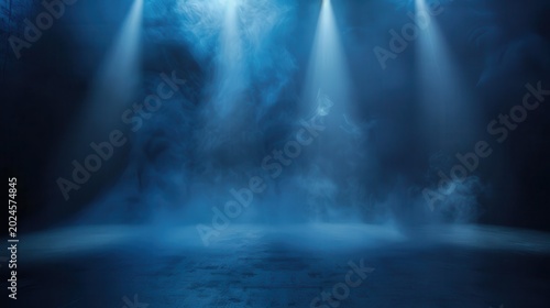 Dark Blue Room with Three Beams of Light Illuminating Foggy Atmosphere Industrial Style Darkened Interior