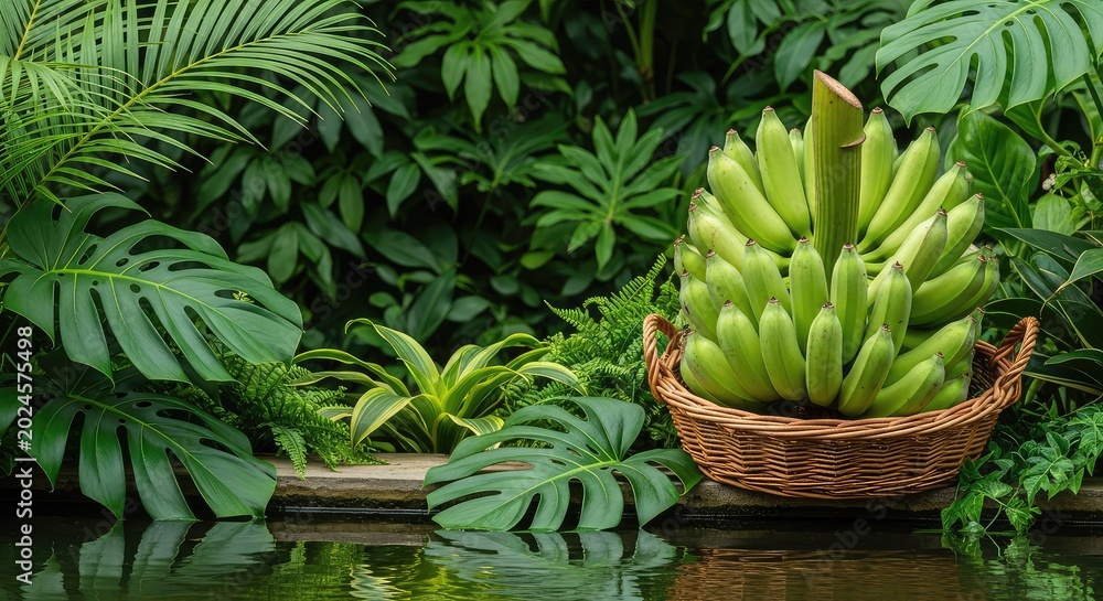 Obraz premium Vibrant green bananas rest in a handmade wicker basket positioned near a tranquil pond, framed by dense tropical leaves and exotic plants, reflection, fresh, paradise