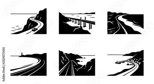Bild auf Leinwand Scenic Road Vector Icons: Coastal Highways, Bridges, and Seaside Towns, Black an