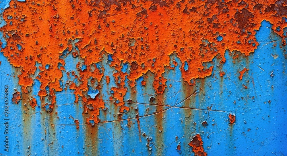 Fototapeta premium Weathered blue iron panel featuring heavy orange oxidation and peeling paint on a distressed metallic surface with a gritty industrial texture, stained, peeling, backdrop