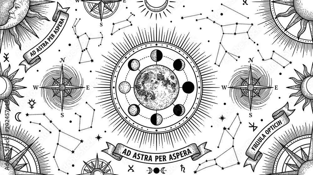 Fototapeta premium Celestial Pattern: Sun, Moon, Stars, Constellations, Compass, Astrology Symbols