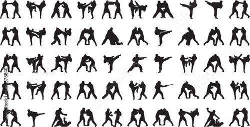 Canvastavla Collection of various martial arts poses and movements in black silhouettes on w
