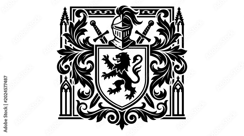 Obraz premium Heraldic Crest Emblem with Lion, Swords, and Ornate Flourishes - Black Vector