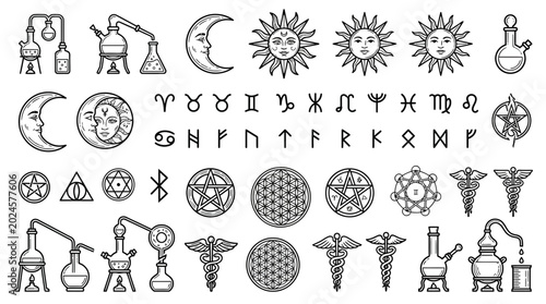 Esoteric Symbols: Alchemy, Astrology, Runes, Celestial & Mystical Icons - Black Vector Set