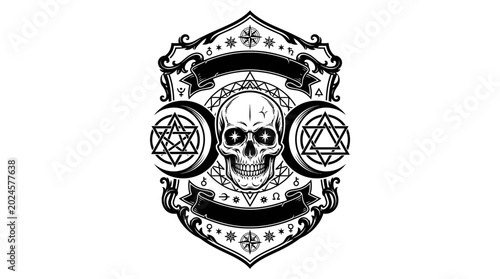 Mystical Emblem: Skull, Moons, Stars, and Esoteric Symbols