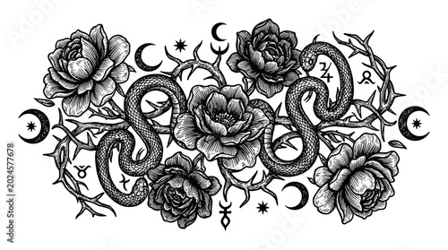Mystical Snake and Roses Tattoo Design, Celestial Elements, Black and White