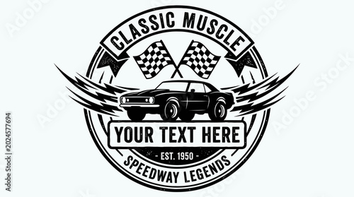 Classic Muscle Car Emblem with Checkered Flags and Lightning Bolts
