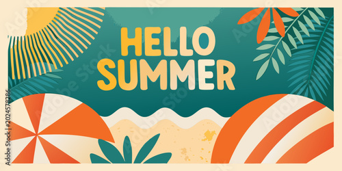 Foto hello summer graphic with tropical leaves and beach elements