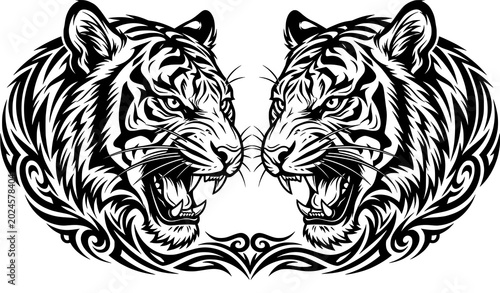 Photography Symmetrical tiger heads graphic design black and white tribal style illustration