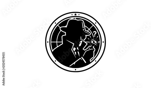 Schilderij op canvas Noir detective emblem silhouette of a man in a hat within a circular badge desig