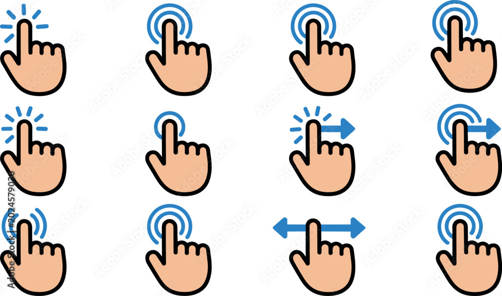 Fototapeta premium Hand touchscreen gesture icon set showing click tap double click press swipe and drag interactive movements