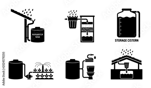 Fotografía Rainwater Harvesting System Icons, Water Collection Storage Cisterns, Irrigation