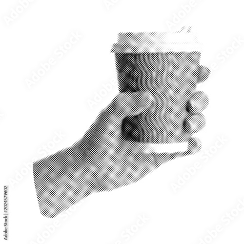 Halftone Hand Holding Coffee Cup,Vintage Pop Art Everyday Moment,collage element