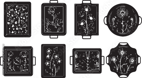 Schilderij op canvas Set of six black and silver decorative metal boxes and round case Vector