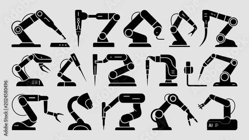 Industrial robotic arm icons, robot vector graphics, mechanical illustrations, automation symbols, 20 robotic elements