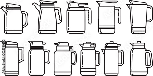 Bild auf Leinwand Simple black coffee pot line drawing icon set isolated on white Vector
