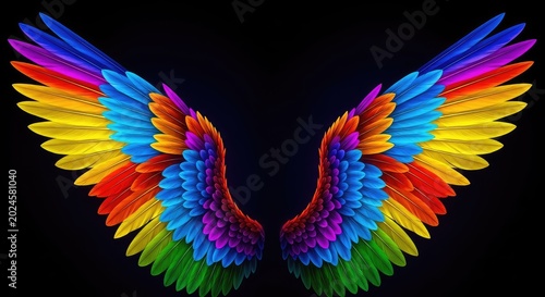 Vibrant, multicolored feathered wings spread wide against a stark dark backdrop, showcasing intricate detail, glowing hues, and symmetry, dreamlike, wallpaper, magic