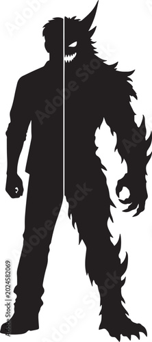 Fotografija A black and white silhouette of A Half-human half-monster silhouette vector with