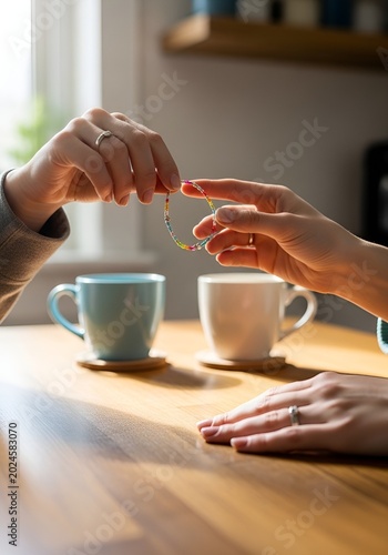 Two women exchanging a handmade beaded bracelet over a wooden table with coffee mugs