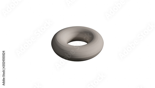 3D gray torus shape with smooth surface floating on black grid background, modern abstract design with soft shadows and minimalistic style