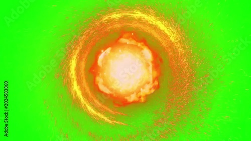 Vibrant orange and yellow swirling particles on green background dynamic motion effect abstract animation