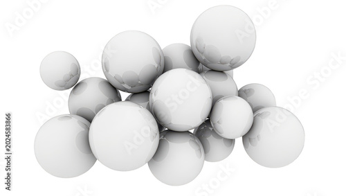 White glossy sphere cluster, shiny round balls, reflective surface, abstract 3d shapes, smooth spheres, modern design, isolated on black