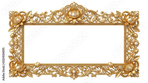 Luxury lotus filigree frame golden ornate decoration pearl embellishment floral design vintage style rectangular border intricate carving elegant art