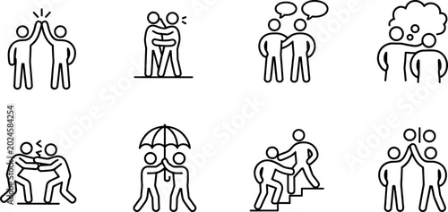 Photography Human relationship and social interaction line icon set featuring high five hugg