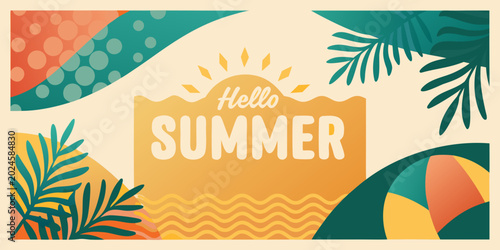 summer greeting illustration with tropical leaves and beach elements