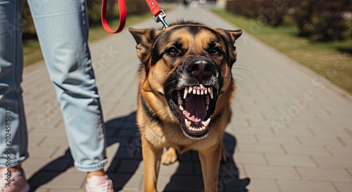 Aggressive german shepherd snarling with muzzle, black and tan coat, outdoor setting