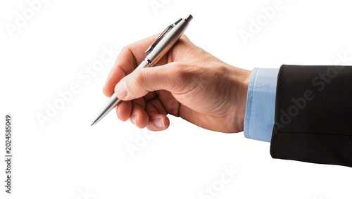 Quadro su tela Isolated professional's hand holding a sleek silver pen, poised to write or sign