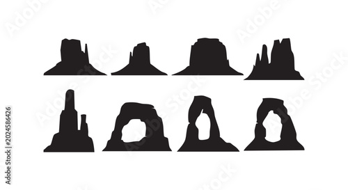 Desert landscape rock formations silhouette set featuring sandstone buttes and stone arches from monument valley region.
