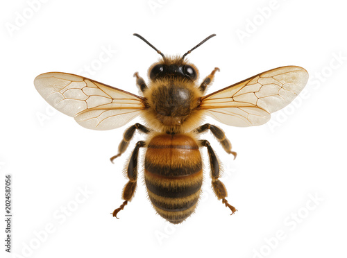 Konstfotografi Isolated close-up studio shot of a common honey bee with wings spread, top view