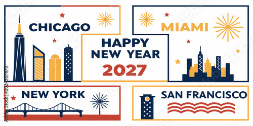 USA, US, U.S, United States - Happy new year 2027 greeting card design with iconic city skylines of chicago miami new york and san francisco in a flat vector illustration style
